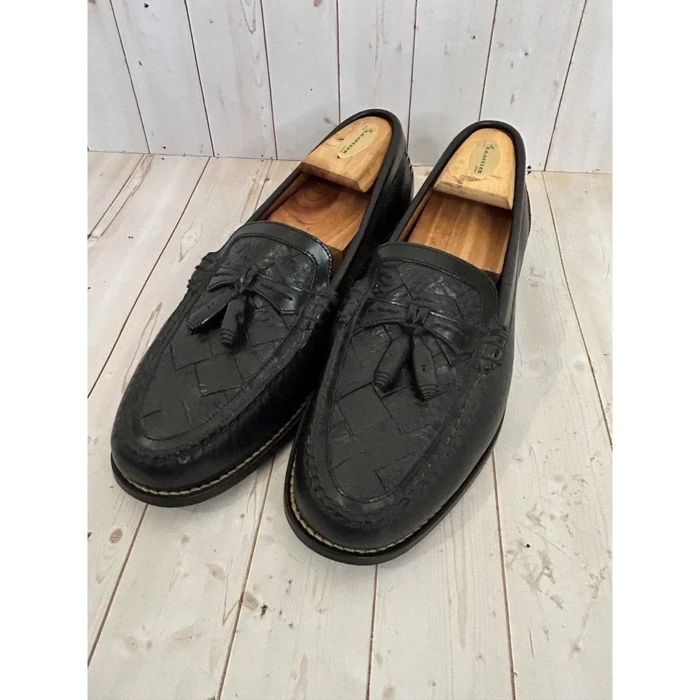 H.S. TRASK Men's Black Leather Basket Weave Tassel Loafer Slip On Size 9.5‎ M